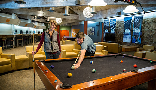 The EDGE lobby has a pool table, plush couches, a 60" HDTV with basic cable, a ping pong table, foosball table and computer bar.